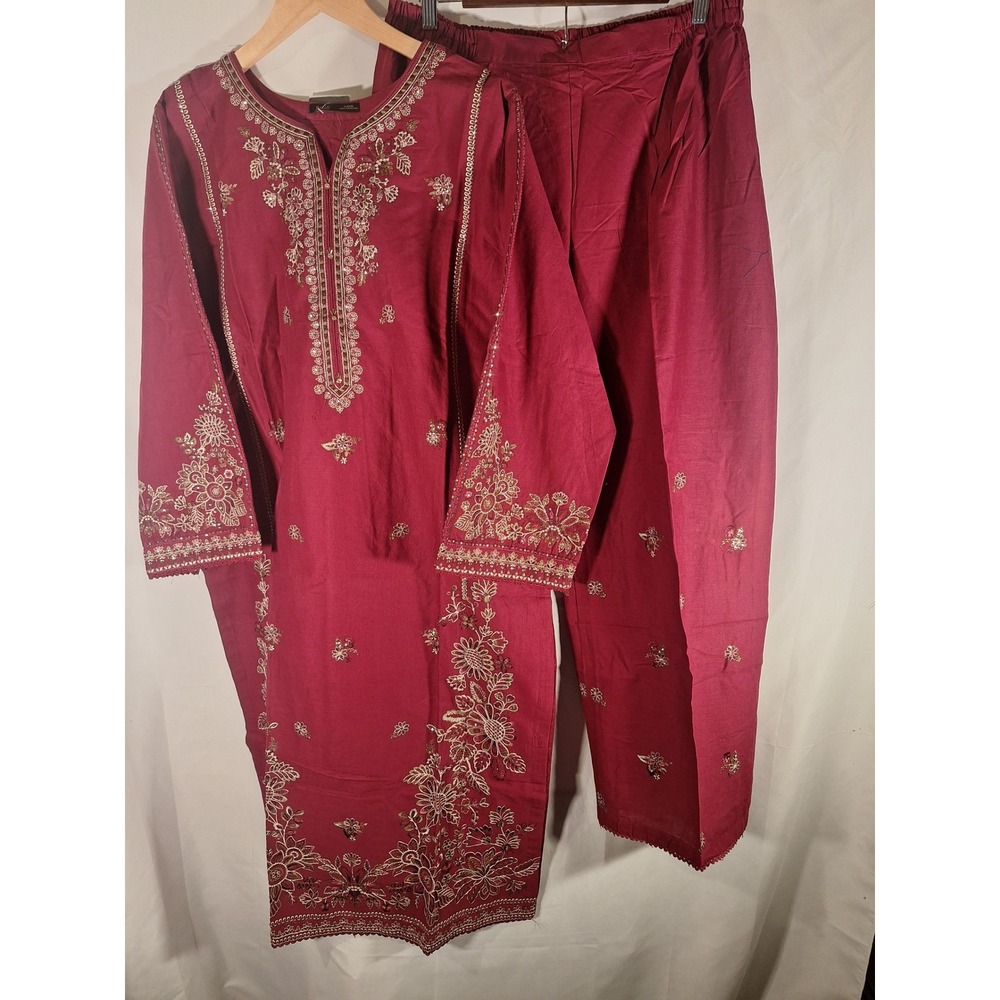 Batik Royal Russel 3pc Pakistani Suit Burgundy Embroidered Salwar Kameez XL NEW